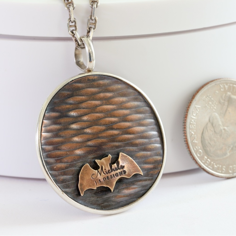 Sterling Silver Witch on Broom Pendant Necklace with Copper Moonlit Background - Picture 5 of 7